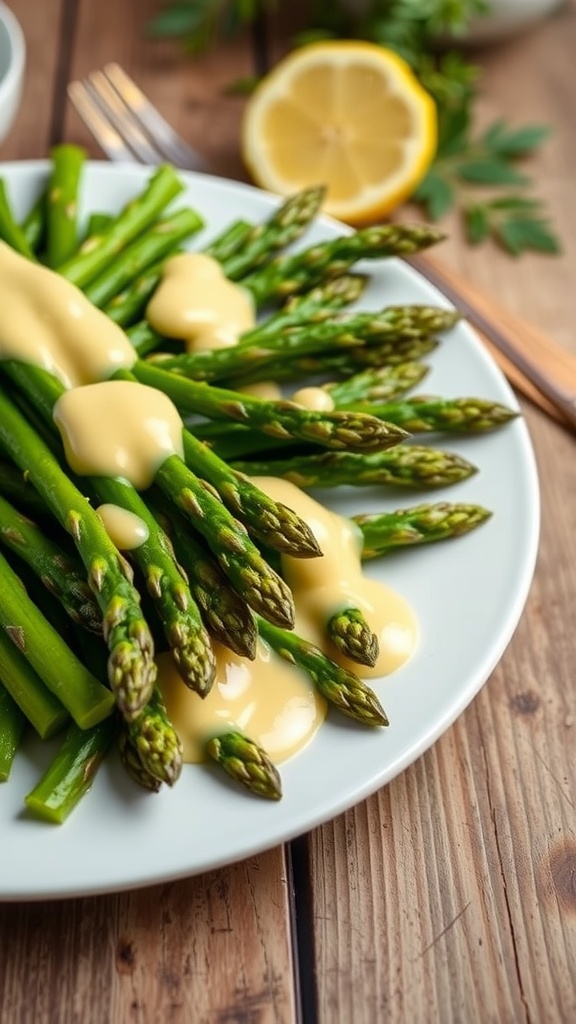 Tender asparagus with creamy hollandaise sauce on a plate, garnished with lemon.